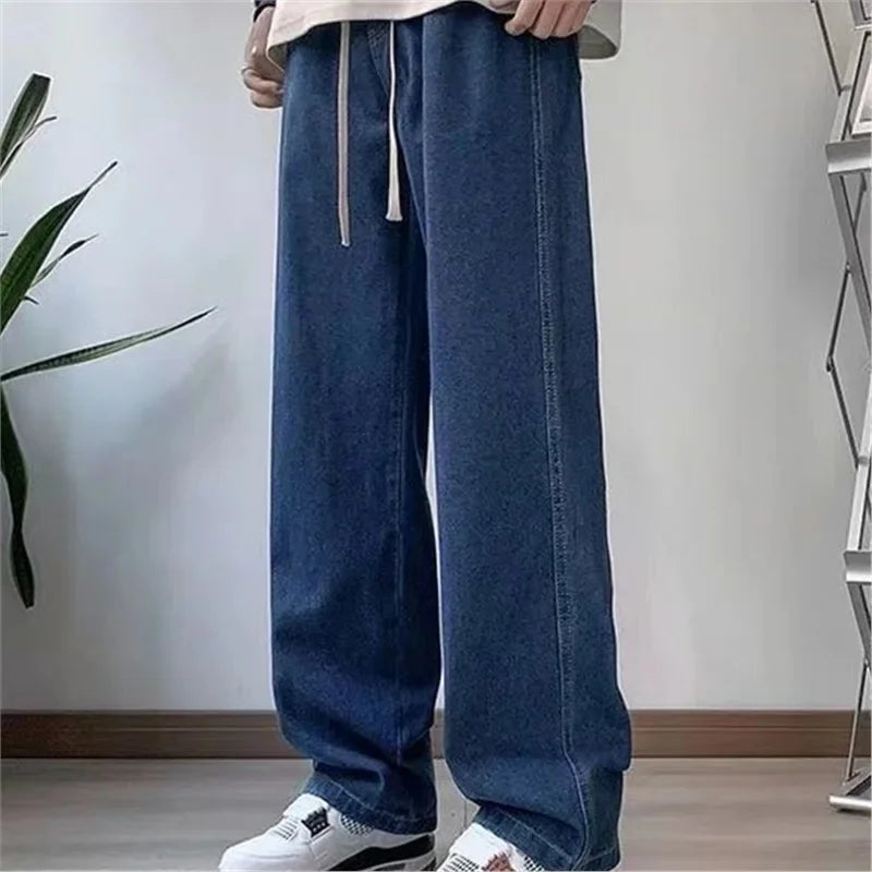 Loose Fit High Waist Elastic Waistband Summer Thin Denim Jeans Women Straight Leg Nine-Tenths Length Trendy American Street Styl