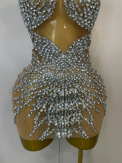 Rhinestones Sexy Mesh See Through Dress Party Evening Prom Celebrate Birthday Dress Singer Dancer Show Stage Wear