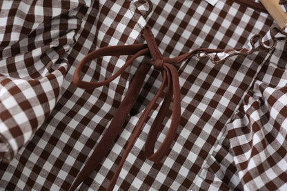 Women's Cotton Gingham Cropped Ruffle Tie Neck Blouse Spring Autumn 2026 Chic Modern Long Sleeve Shirt Tops for Woman