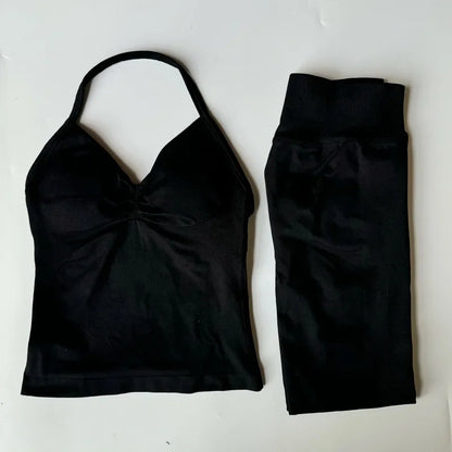 2 Pieces Set Leggings Set Women Backless Tank Tops High Waist Scrunch Gym Suit Fitness Clothes Outfit Workout Yoga Set