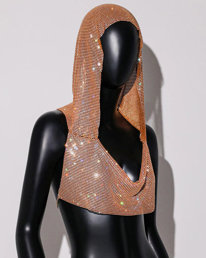 2025 Summer New Rhinestone Hooded Crop Top Sexy Deep V Neck Backless Sleeveless Glitter Tank Top Rave Nightclub Party Camisole