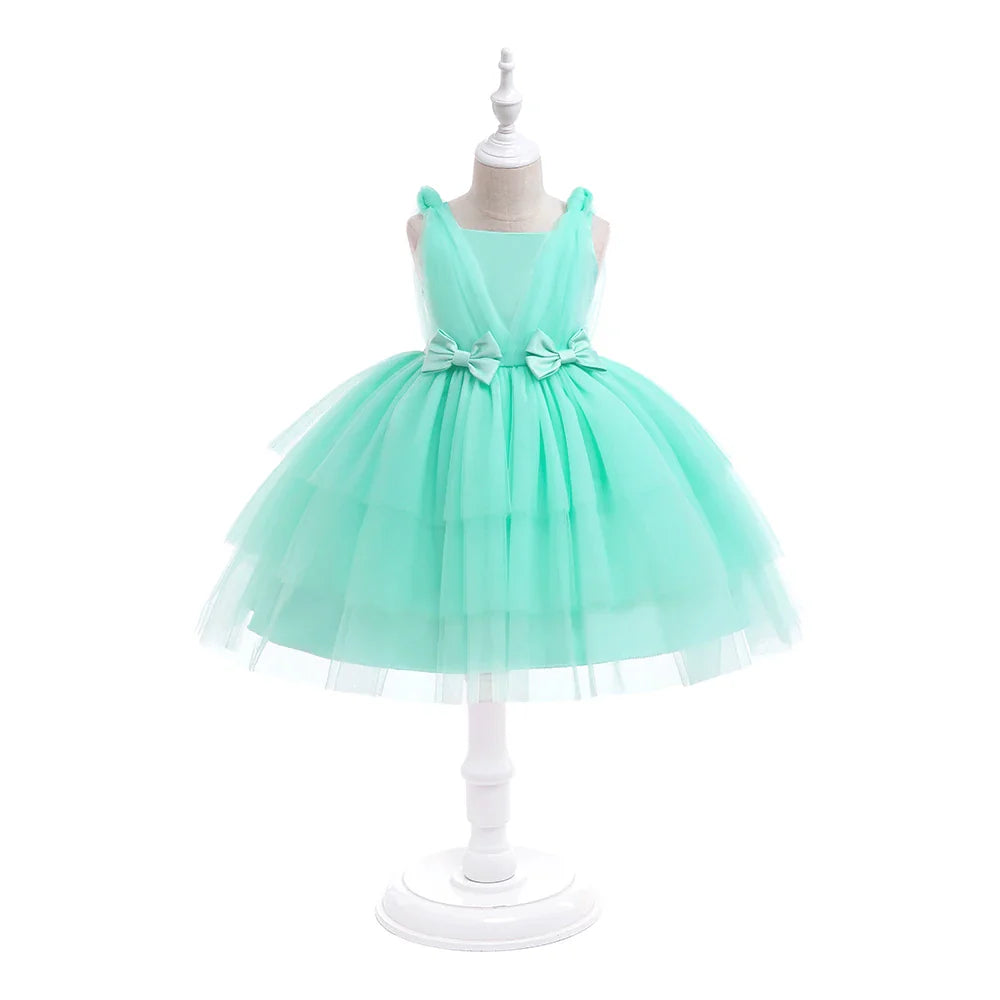 Summer Bow Bridemaid Party Girls Dresses Elegant Tulle Birthday Wedding Princess Dress for Girl New Years Prom Christmas Costume