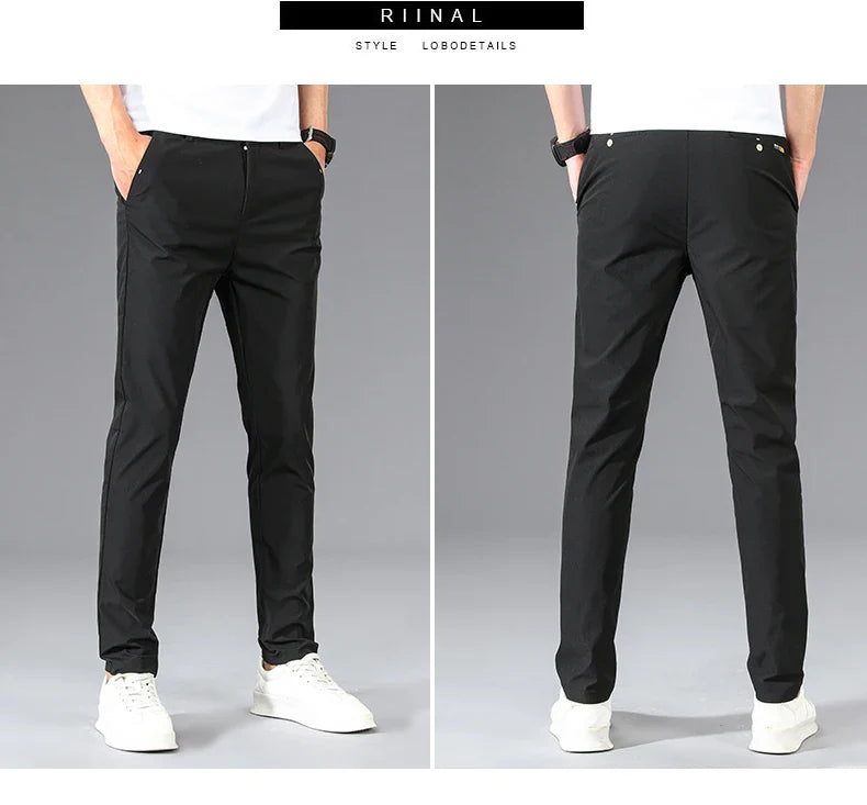 Business Thin Men's Breathable Pants Slim Straight High Elastic Slim Casual Pants Male Brand Clothing Khaki Gray Green Black