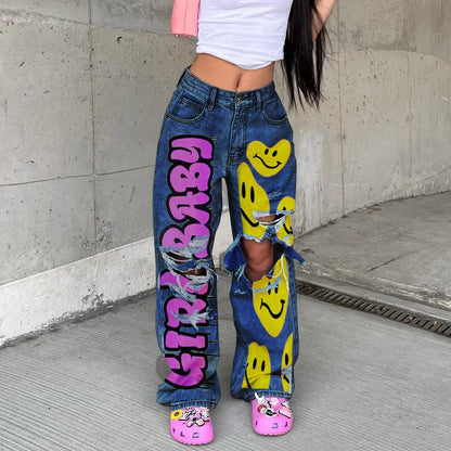 Wish Loose Washed Denim Long Pants Women's Cargo Trousers