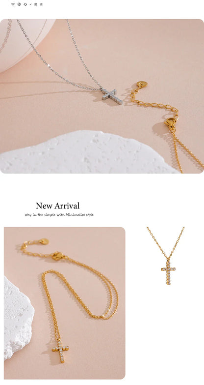 Delicate Shiny Cubic Zirconia 316L Cross Pendant Necklace for Women Stainless Steel High Quality Jewelry Water Resistant