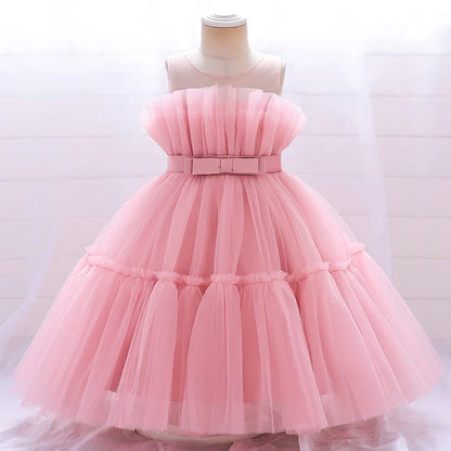 Summer Ruffles Bridesmaids Party Girls Dress Elegant Bow Wedding Birthday Princess Dresses Girl Tulle Pageant Evening Costumes
