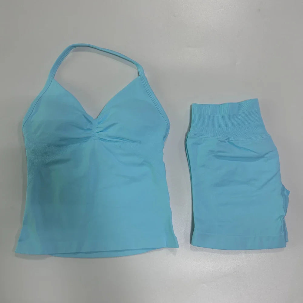 No Logo 2 Pieces Sports Set Workout Clothes Shorts Sets Gym Strappy Top Scrunch Shorts Yoga Clothing Gym Set