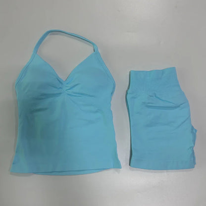 No Logo 2 Pieces Sports Set Workout Clothes Shorts Sets Gym Strappy Top Scrunch Shorts Yoga Clothing Gym Set
