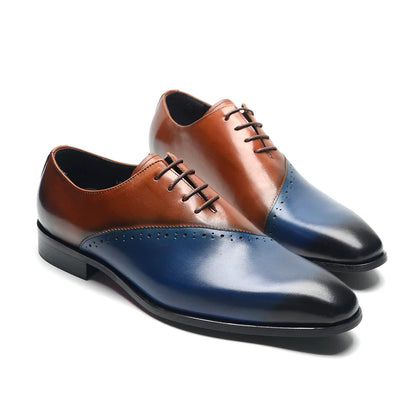 High Quality Men's Genuine Leather Wedding Dress Shoes Pointed Toe Lace-Up Formal Oxfords in Brown/Blue for Party Dinner