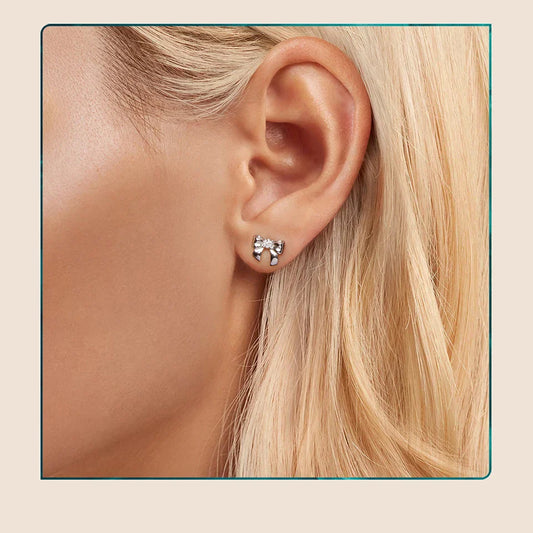 Solid 925 Sterling Silver Bow Moissanite Stud Earrings for Women Teens Small Ribbon Stud Earrings Bowknot MSE085