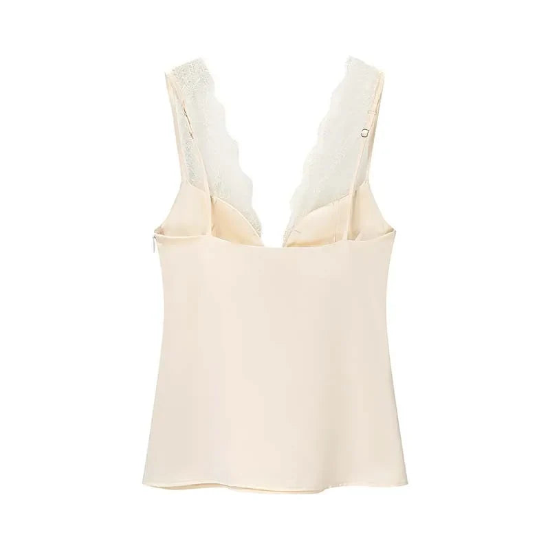 Black Satin Lace V-Neck Camisole Top for Women Cropped Y2k Harajuku Fashion Elegant Sleeveless Shirt Blouse Female