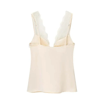 Black Satin Lace V-Neck Camisole Top for Women Cropped Y2k Harajuku Fashion Elegant Sleeveless Shirt Blouse Female