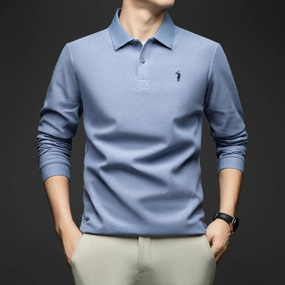 100% Pure Cotton Men's Long Sleeved Polo Shirt, Collar T-shirt, Spring and Autumn Top, No Ironing, Wrinkle Resistant Embroidery
