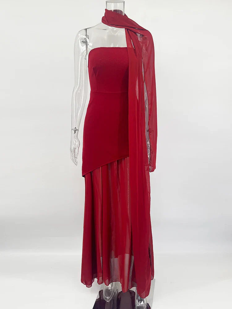 Fashion Strapless Dress With Ribbon Female Elegant Sleeveless Mesh Beach Vacation Long Dress 2025 Spring New Women Dress