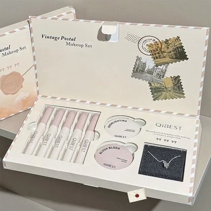 Retro Mail Makeup Set 5pc Matte Lip Mud,1 Blush,1 Highlight And 1 Necklace Gift Multipurpose Cosmetics Kits For Women
