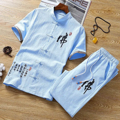 Summer Chinese style Shirts + Pants Dragon Embroried 100% Cotton linen Sportswear Men's Casual Sets Male Fashion Chinese style