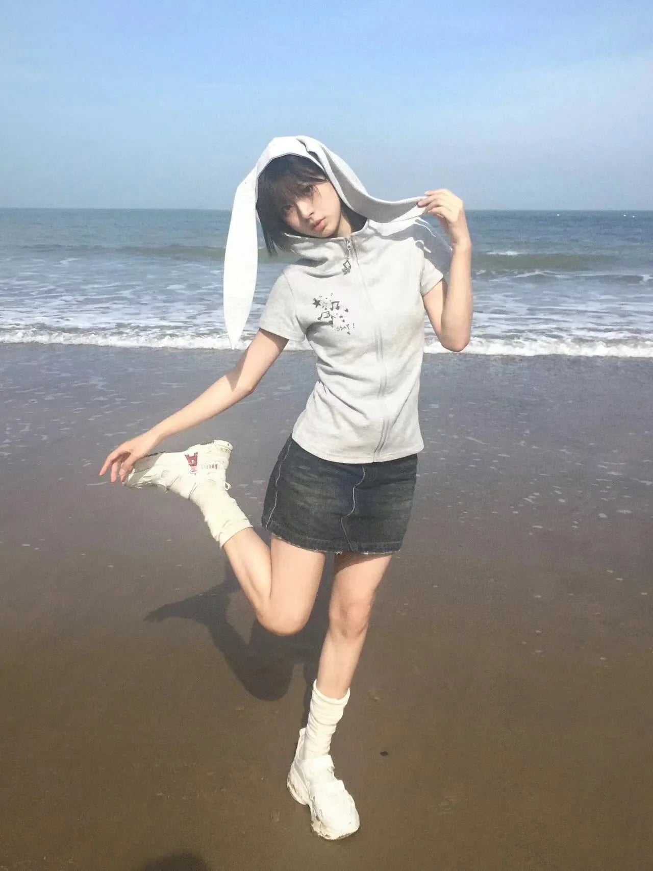Japanese Y2k Hooded T-shirt Vintage 2000s Style Rabbit Ears Zipper Tops Harajuku Short Sleeve Thin Jacket Korean Popular