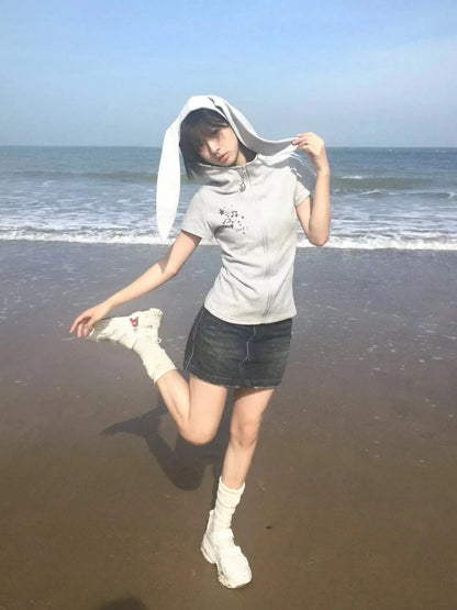 Japanese Y2k Hooded T-shirt Vintage 2000s Style Rabbit Ears Zipper Tops Harajuku Short Sleeve Thin Jacket Korean Popular