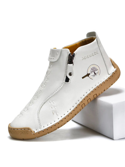 Sapatos Masculinos Clássicos de Couro Feitos à Mão, Design com Zíper, Tênis Esportivos para o Ar Livre, Sapatos Casuais Respiráveis com Elástico, Botas Masculinas de Couro no Tornozelo