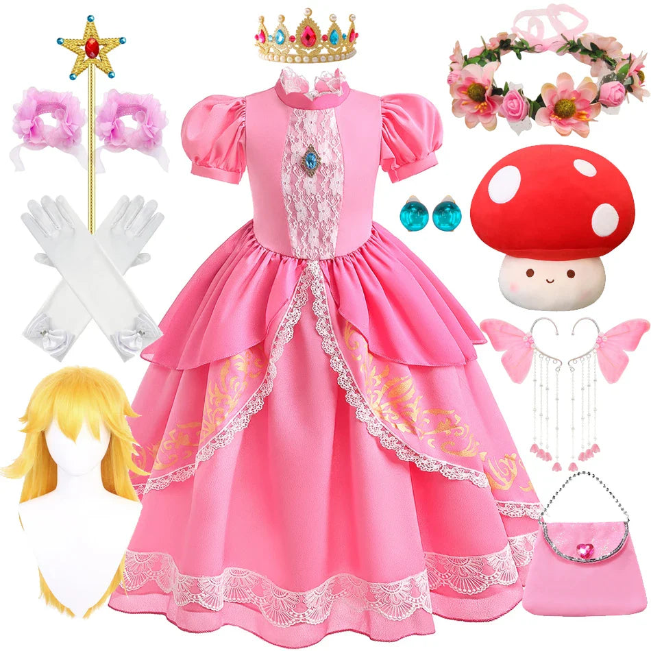 Fantasia de Princesa Pêssego com Luz LED Colorida para Aniversário de Criança Jogo de Roleplay Vestido de Menina para Halloween Festival Rosa Renda 2-9 Anos C