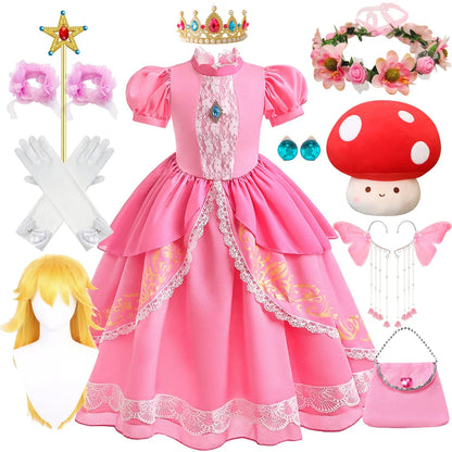Fantasia de Princesa Pêssego com Luz LED Colorida para Aniversário de Criança Jogo de Roleplay Vestido de Menina para Halloween Festival Rosa Renda 2-9 Anos C
