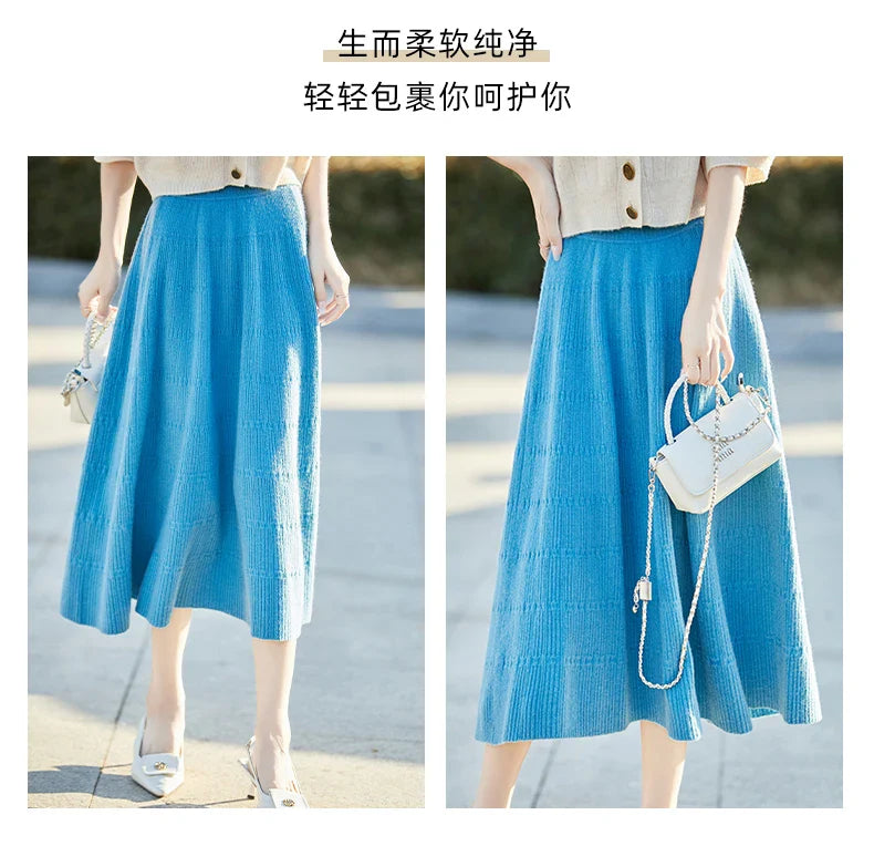 Autumn And Winter High Waist 100% Pure Wool Skirt Female Slim Long Knitted Wool Skirt Loose Wearing A-Line Skirt