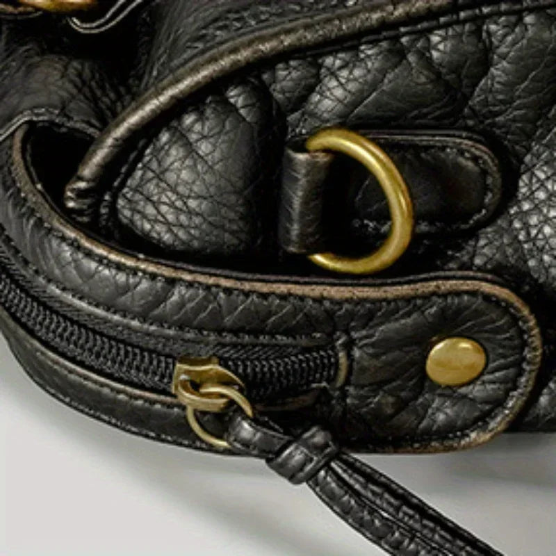 Braided Trim Black Leather Tote Bag with Gold Rivets & Front Zipper Pocket - Top Handle Work Purse for Women, Briefcase ﻿ ﻿