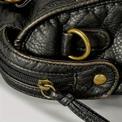 Braided Trim Black Leather Tote Bag with Gold Rivets & Front Zipper Pocket - Top Handle Work Purse for Women, Briefcase ﻿ ﻿