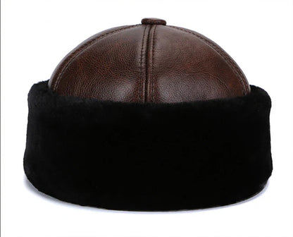Retro Cowhide Bomber Hat Winter Keep Warm Caps Men Women Real Leather Cap Thick Velvet Dad Hat Leather Hat