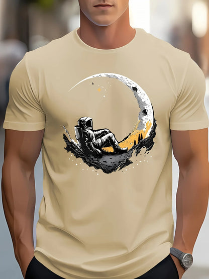 Men's summer 100 cotton fashionable casual loose plus size landing moon pattern printed sports round neck short sleeved T-shirt