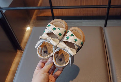 Baby Girls Leather Sandals Princess Sweet Kids Beach Sandals Summer New Children Toddlers Bow Sandals Embroidery Fruit Fashion