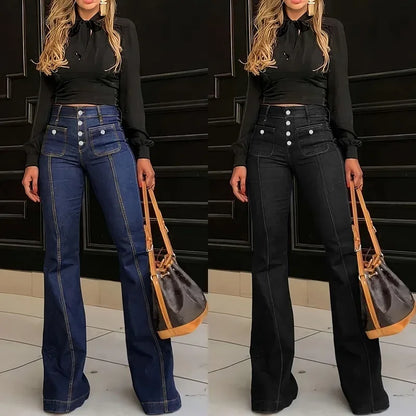 Women Jeans Flare Pants High Waist Streetwear Pockets Buttons