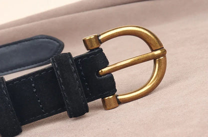 Genuine Leather Suede Women Belt Fashion Skinny Waistband Retro Gold Buckle Brown Belts for Jeans Pants
