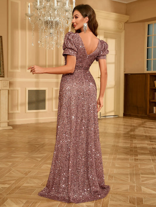 Glitter V-neck Short Sleeve Lantern Dress Evening Gown Shiny Sequins Women's Party Dress
