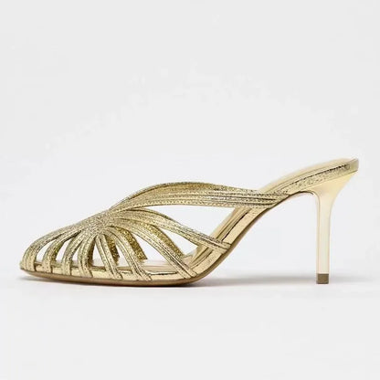 Gold Luxury Thin Heel Slippers Women Dress Shoes Summer New 2025 Hollow Beach Shoes Slides Designer Brand Sandals Ladies Pumps
