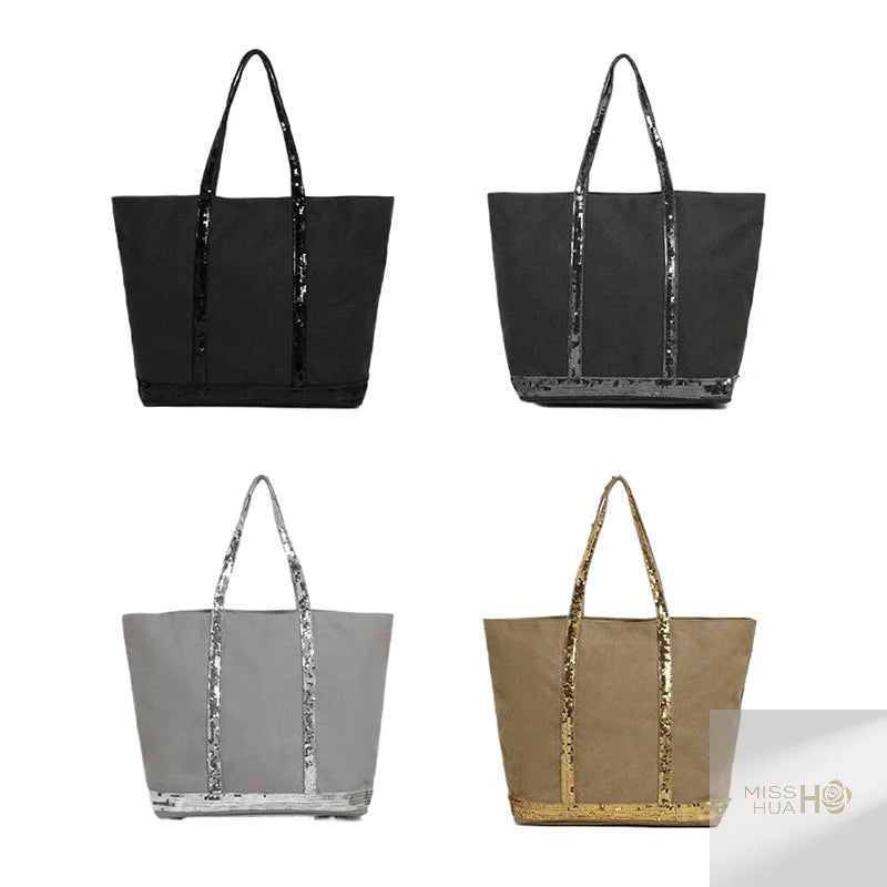 Multi-purpose Canvas Tote Bag with Sequins, Large Capacity for Women's Daily Use