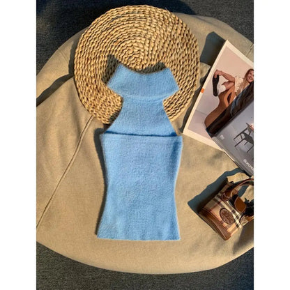 Spice Girl Hair Halter Neck Camisole Female Imitation Mink Inside Tank Top  Autumn and Winter Design Sense Knitted Bandeau Top