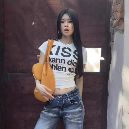 Japanese Y2k Letter Print T-shirt Trashy 2000s Style Crop Top Vintage Harajuku Short Sleeve Tee Shirt American Retro 90s