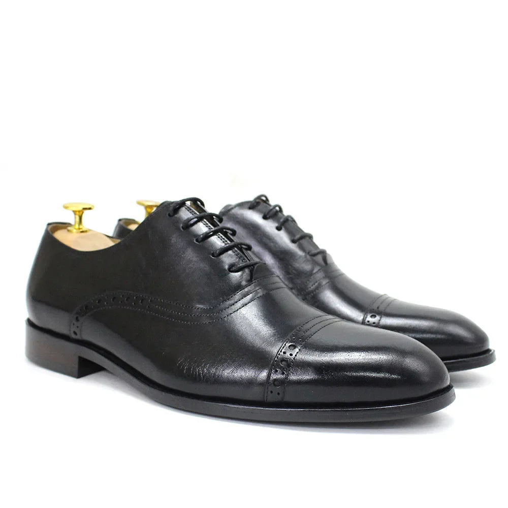 Men's Genuine Leather Oxfords Handmade Cap Toe Dress Shoes Lace-Up Formal Wedding Shoes Business Office Male Footwear