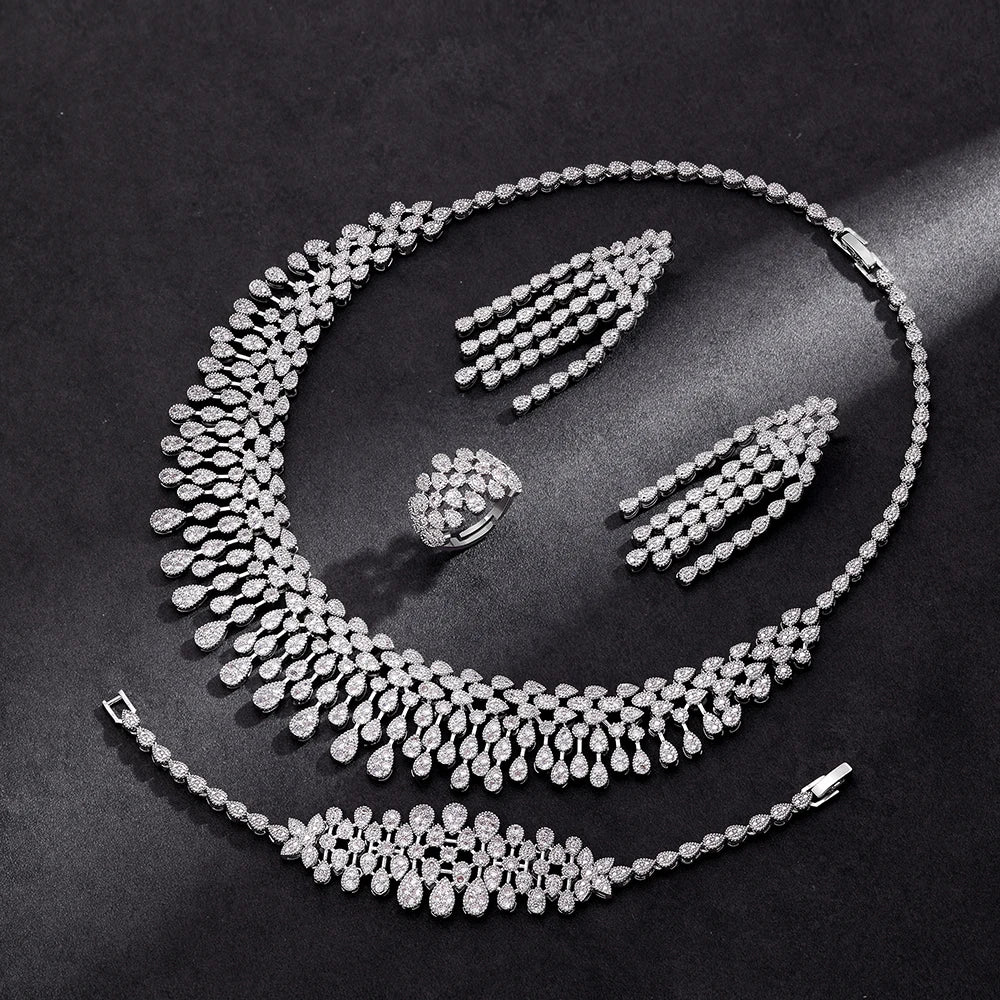 Luxury 4 Pieces Bridal Wedding Jewelry Set for Women Sparkling Cubic Zirconia Nigeria Bride Accessories