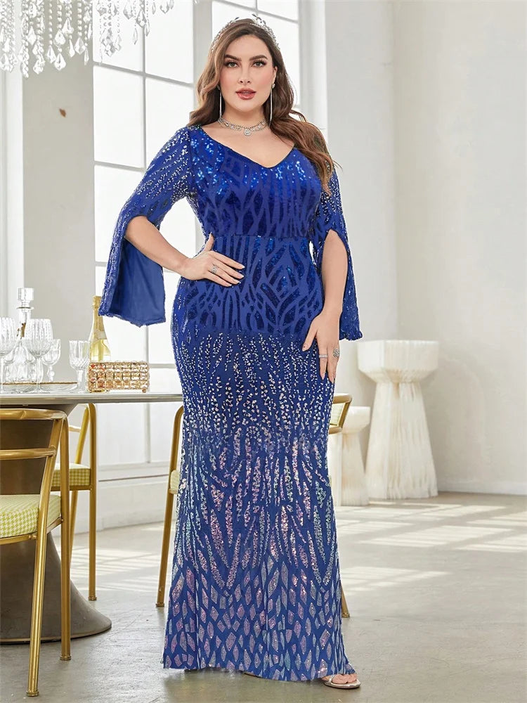 Plus Size Elegant Sequin Blue Evening Dress 2025 Women Formal Maxi Prom Slit Long Sleeves Party Luxury Cocktail Dress