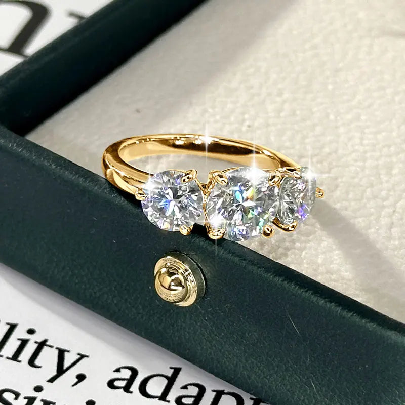 14k Gold Filled Three Stone Ring 8mm&6.5mm D Color Round Moissanite Certified Engagement Wedding Jewelry for Women Rings