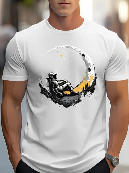 Men's summer 100 cotton fashionable casual loose plus size landing moon pattern printed sports round neck short sleeved T-shirt