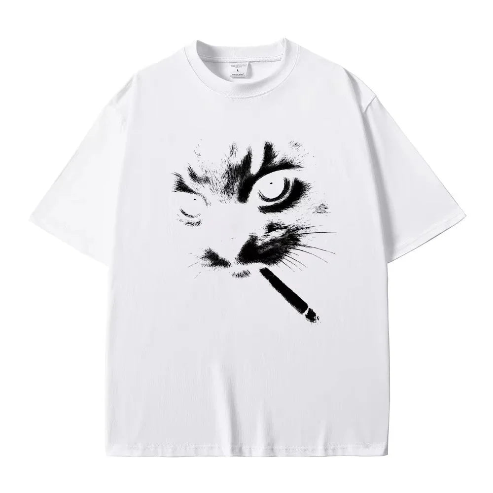 Funny Meme Smoking Cat Face Graphic T-shirts Men Women Casual Cotton Vintage T Shirts Men's Oversized T-shirts Cats Lovers Gifts