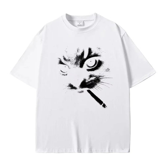Funny Meme Smoking Cat Face Graphic T-shirts Men Women Casual Cotton Vintage T Shirts Men's Oversized T-shirts Cats Lovers Gifts