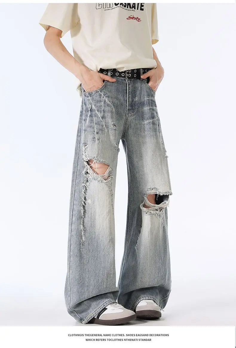 Male Ripped Pants Stretch Solid Blue Casual Men's Wide Leg Trousers Office Work Denim Pants Autumn Korean Vintage Straight Pants