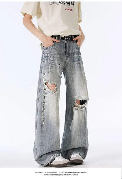 Male Ripped Pants Stretch Solid Blue Casual Men's Wide Leg Trousers Office Work Denim Pants Autumn Korean Vintage Straight Pants