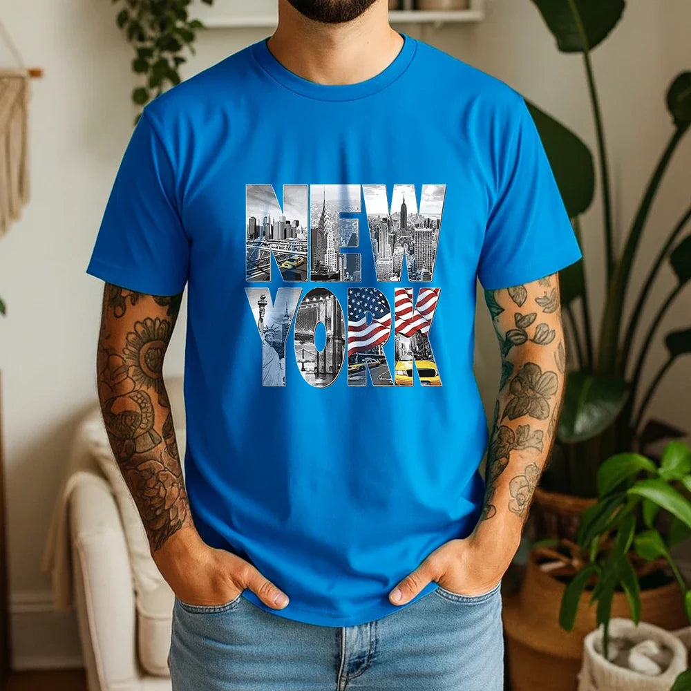 New Summer 100% Cotton T-Shirt New York City Landmark Letter Retro American Street Style Oversized Breathable Short Sleeve