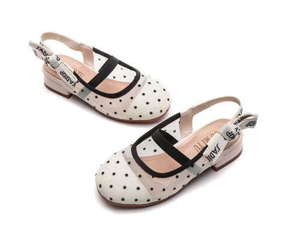 Mesh Black White Polka Dot Shoes Sandals for Girls with Heels Mules Sling Back Shoes for Girls Luxury Shoes for Girls To Dress