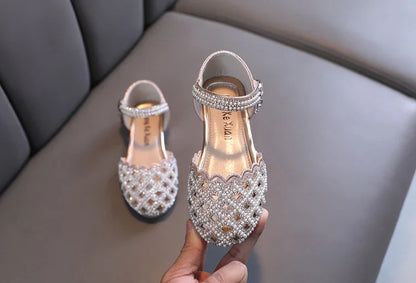 Summer Girl's Sandals Sliver Pink Diamante Luxury Hollow-out Kids Sliders Hook-loop Round Toe Glitter Stylish Children Shoe26-36